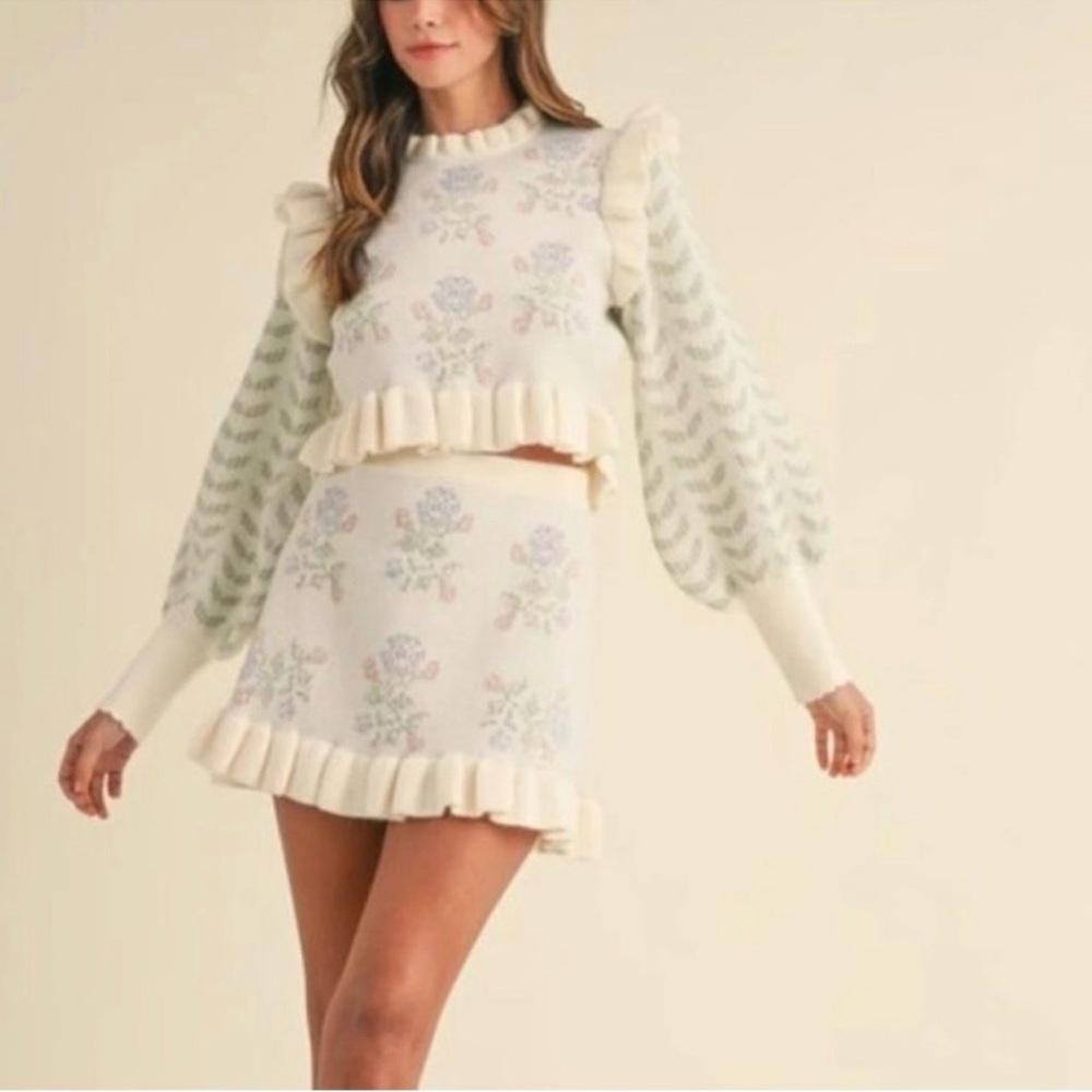 Floral Ruffle Knit Sweater in Cream - Picture 2 of 7